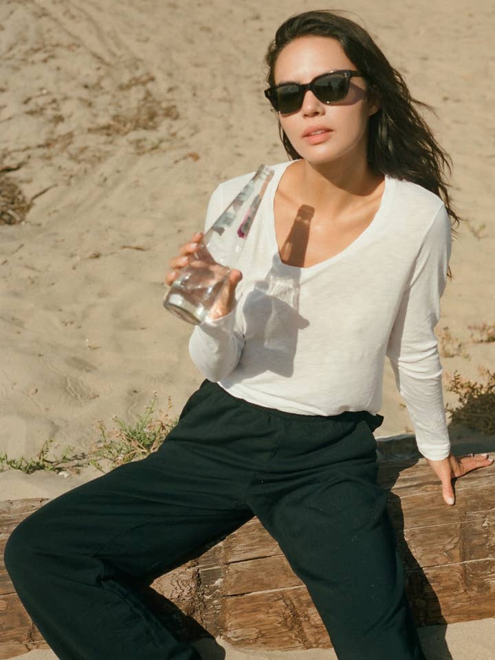 Supima Slub Jersey Long Sleeve V-Neck T-Shirt in White for wholesale by Stateside