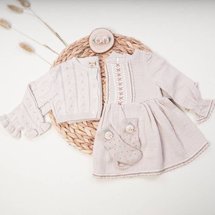 Baby Girl Muslin Dress and Cardigan Set Beige for wholesale by Dreamline