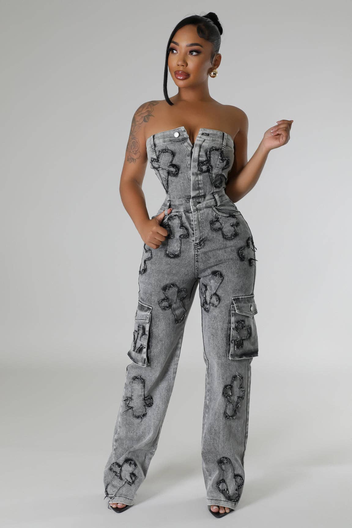 5besties inc - Wholesale Jumpsuit - Women's - CROSS PATCH DETAIL DENIM JUMPSUITS10