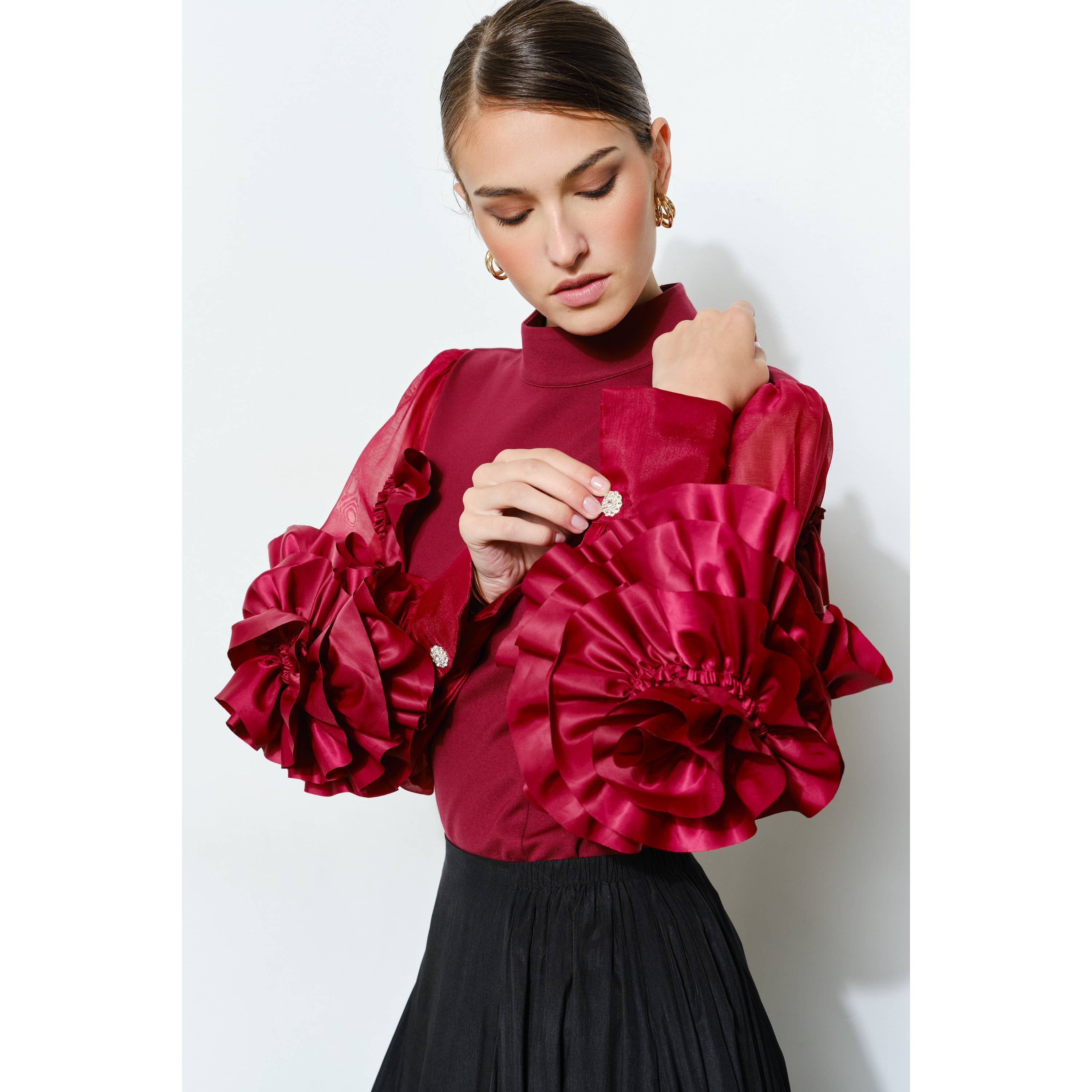 INA - Wholesale Blouse - Women's - Rosette Ruffle Sheer Sleeve Jersey Top9