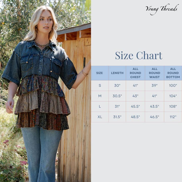 Young Threads - Wholesale Blouse - Women's - Front-Open Hooded Denim Shirt with Playful Mixed Ruffles
7