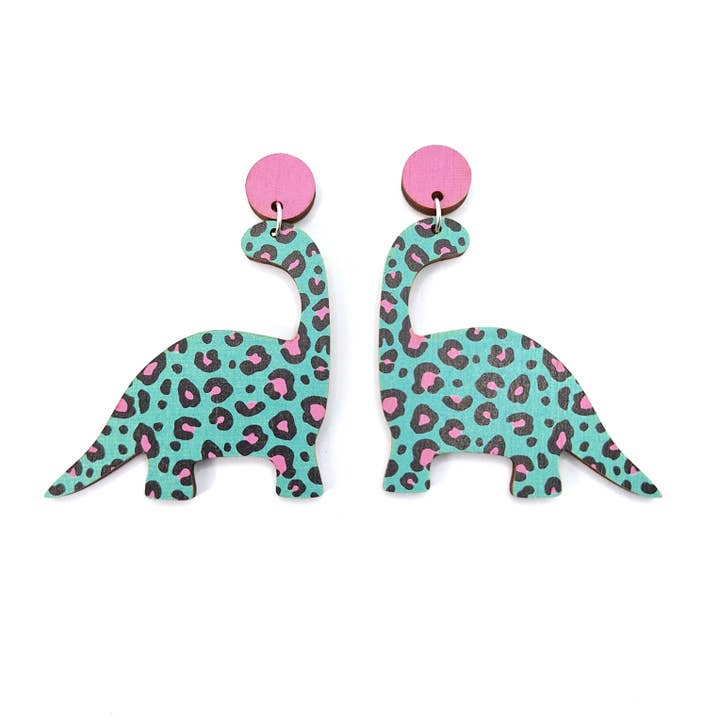 Dinosaur Earrings, Statement Earrings, Leopard Print, Turquo for wholesale by Prickle People