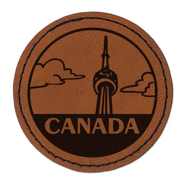 Canada CN Tower Destination Travel Landmark Round Iron-On Engraved Faux Leather Patch Applique - 2.5 Inch - Brown for wholesale by Sniggle Sloth