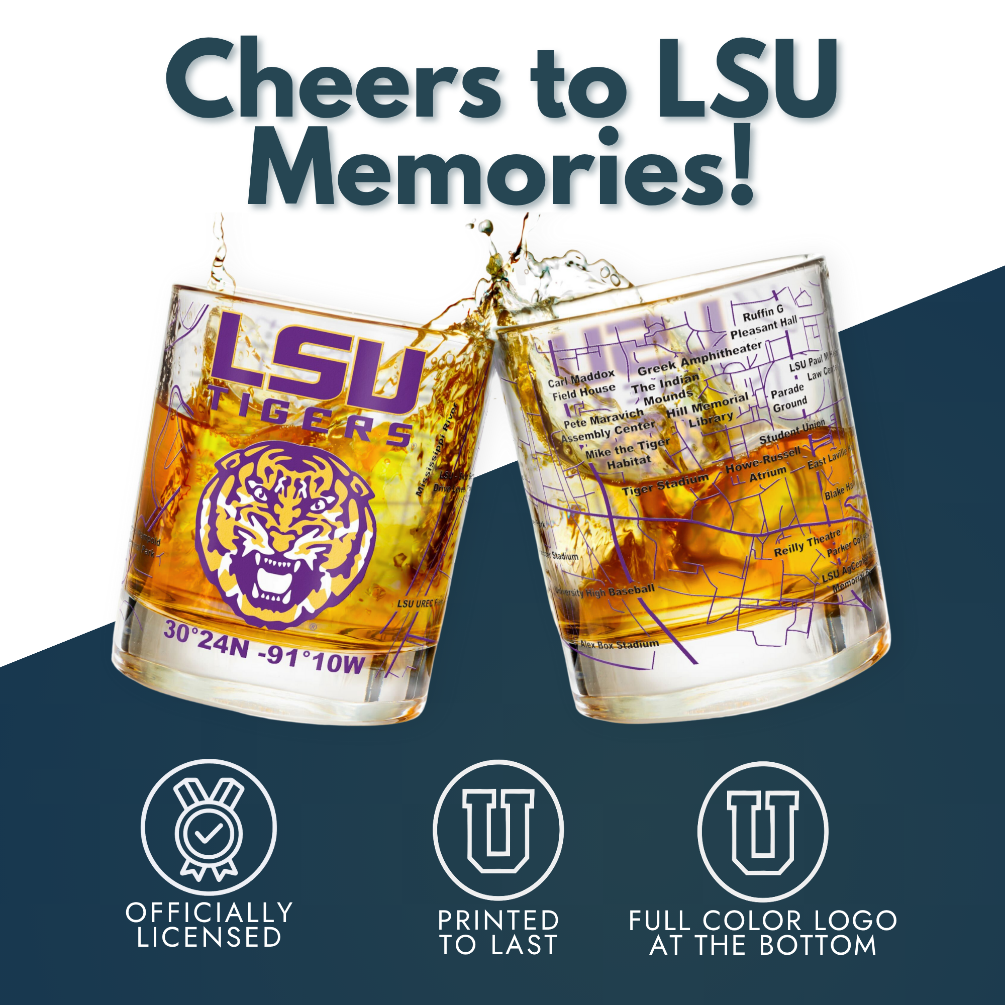 Greenline Goods - Wholesale Cocktail/Liquor Glass - University of LSU Tigers College Whiskey Glasses (Set of 2), 10 oz – Full-Color Logo + Campus Map5
