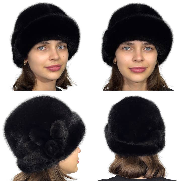Chapeau cloche en fourrure pour femmes avec une fleur de rose, chapeau en fourrure de vison d'hiver pour la vente par FurStyleUa