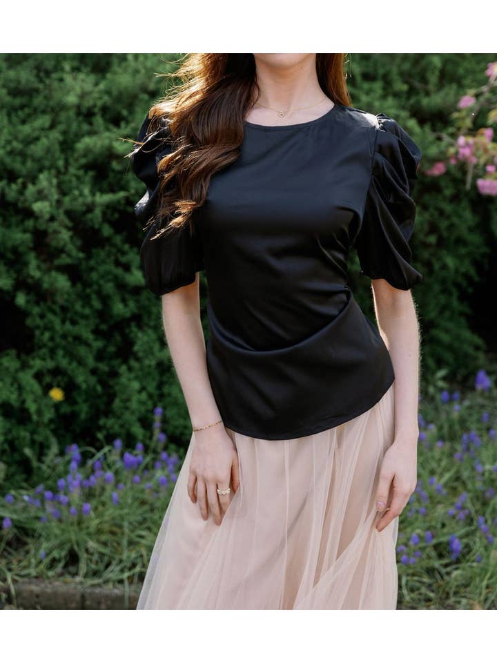 Last True Angel – wholesale Blouse – Women’s – Satin T-shirt Top with Rouched Sleeves in Black2