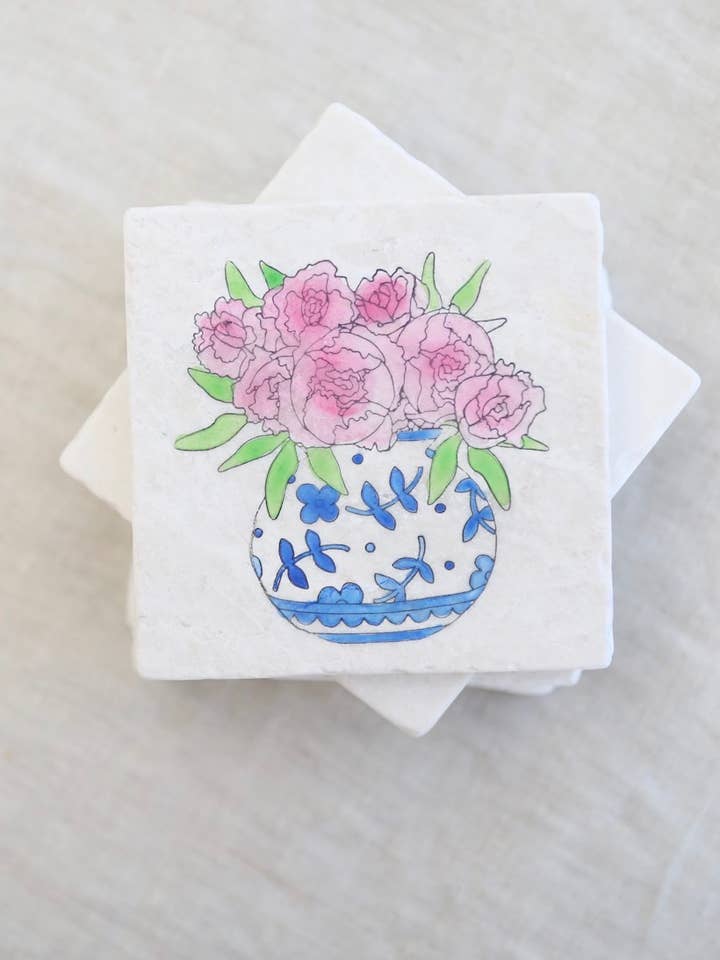 Dessous de verre en marbre floral pivoine pour la vente par Lace, Grace & Peonies Marble Coasters