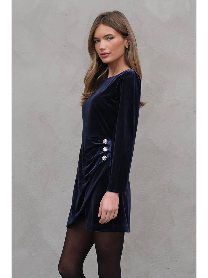 MIDNIGHT NAVY Velvet Dress With Jewel Buttons - RD1011 for wholesale on Faire5
