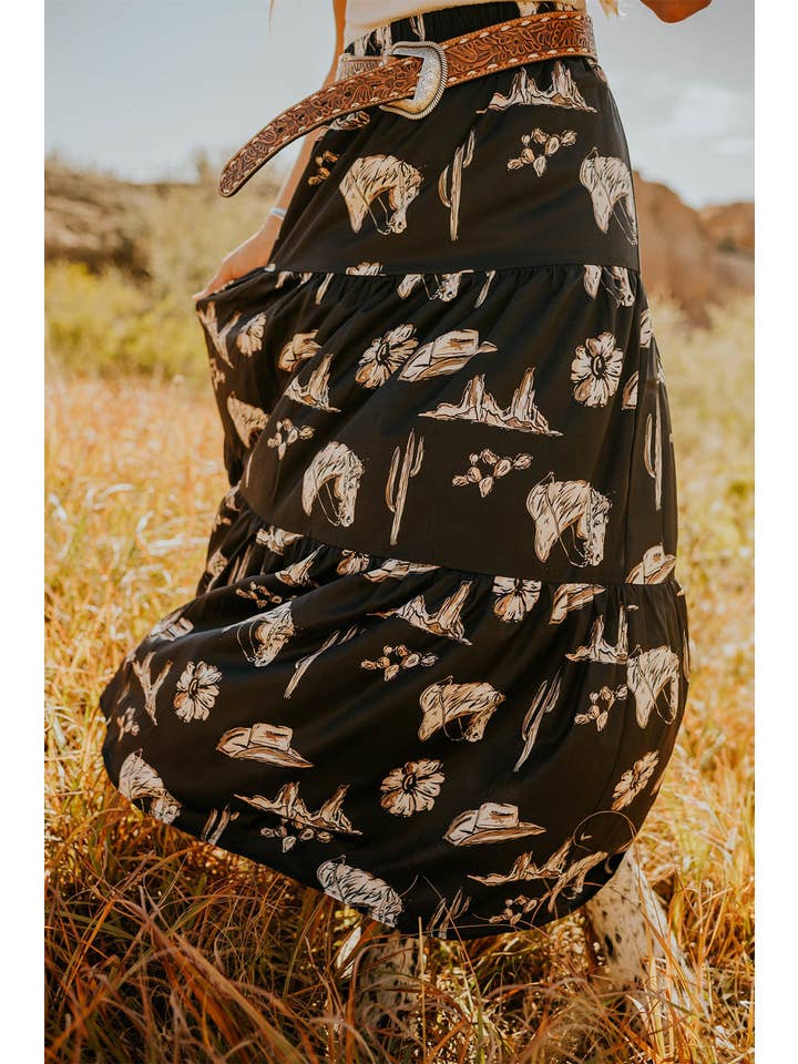 Black Western Ruffle Tiered Maxi Skirt for wholesale on Faire