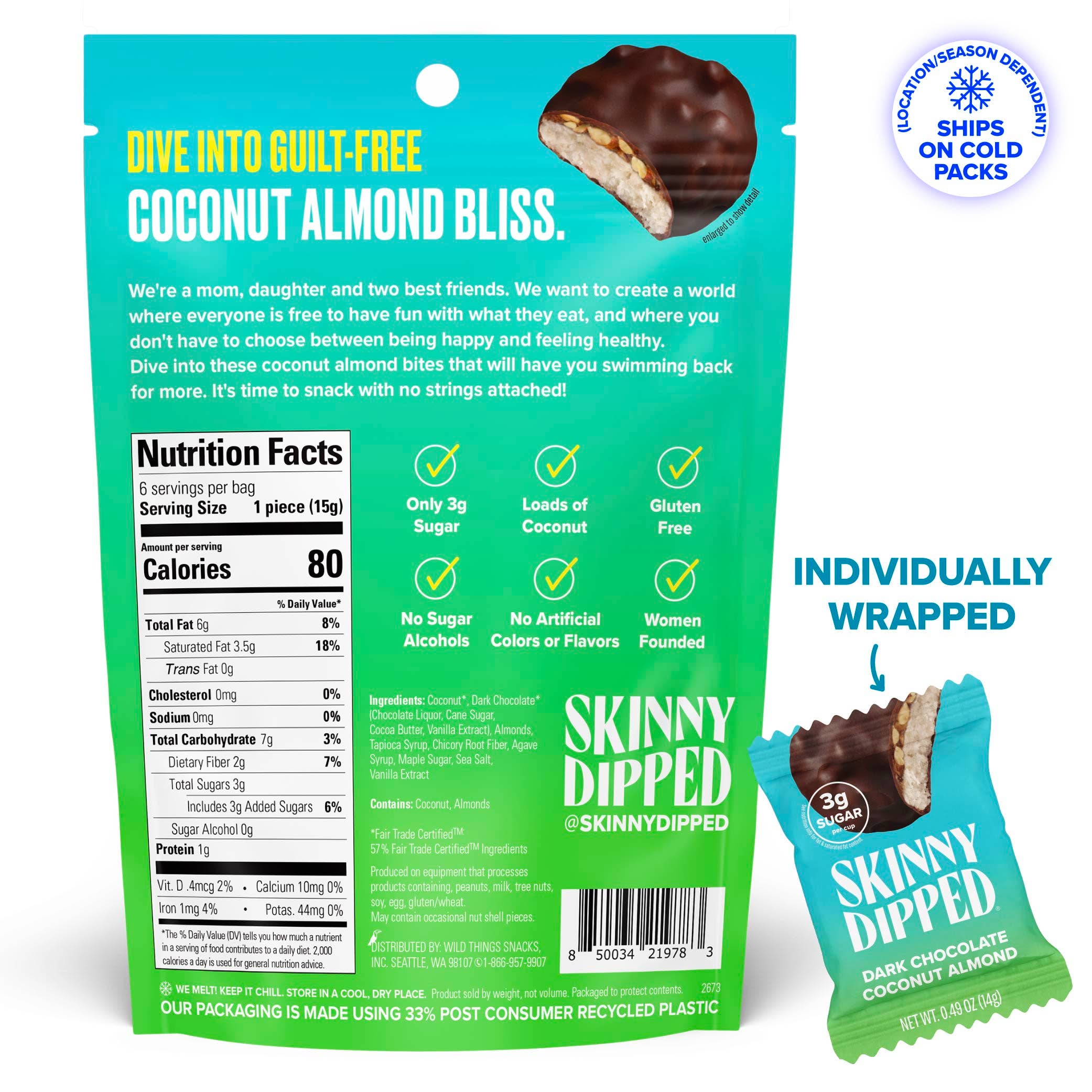 SkinnyDipped - Wholesale Chocolate Covered Sweets - Dark Chocolate Coconut Almond Bites Pouch, 3.17oz1