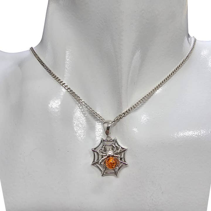 Amberman - Wholesale Individual Charm/Pendant - Halloween Collection Cognac Amber Silver Spiderweb Pendant