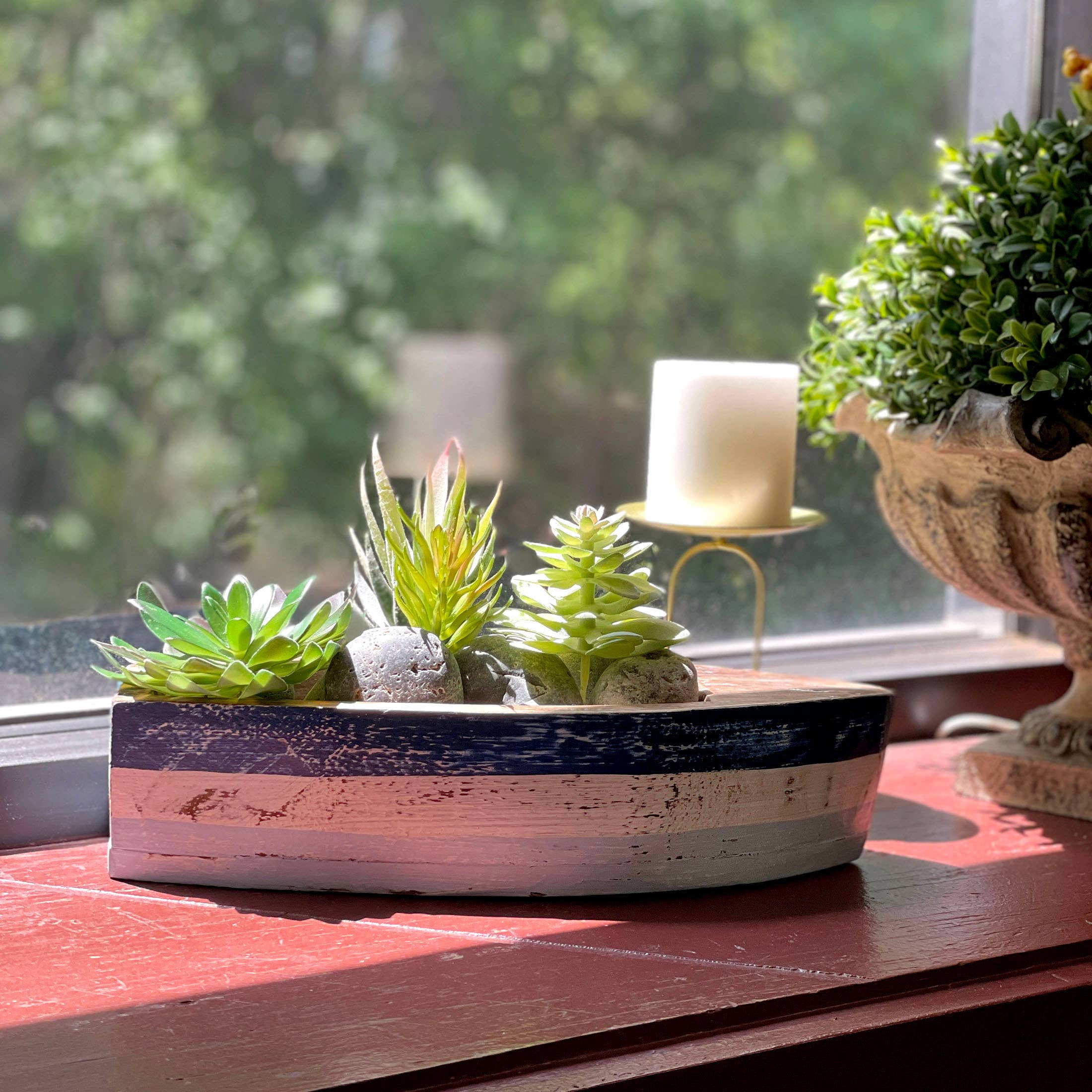 Zeckos - Vente Décorations de table - Centre de table décoratif bateau en bois rustique bleu et blanc 12"4