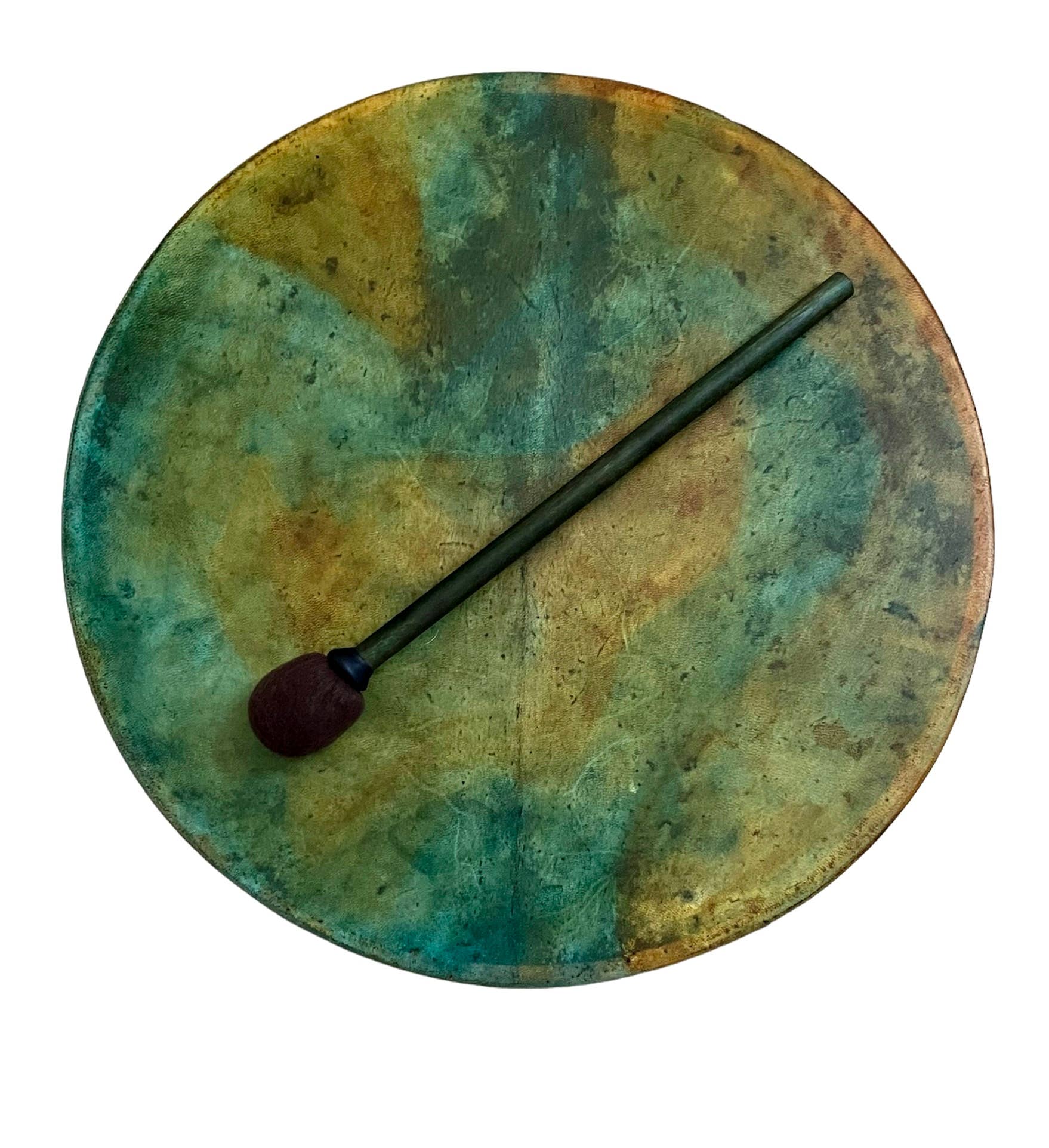 inRhythm - Vente Sculpture - Tambour Chamanique Green Earth avec support d'exposition et options de sac de transport0