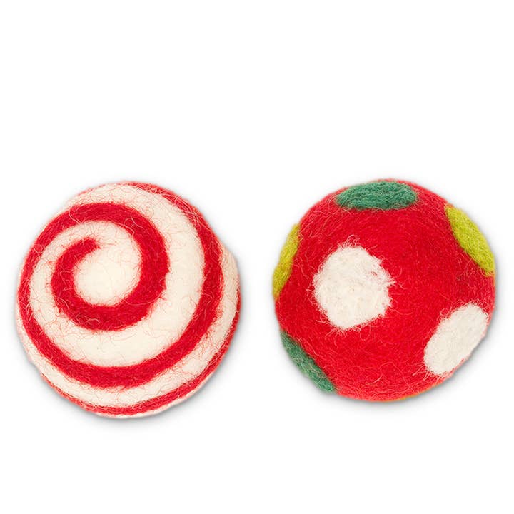 1.5 Ball Holiday Red Wool Cat Toy - Pack 2, Assorted Design for wholesale by Karma Cat Inc.