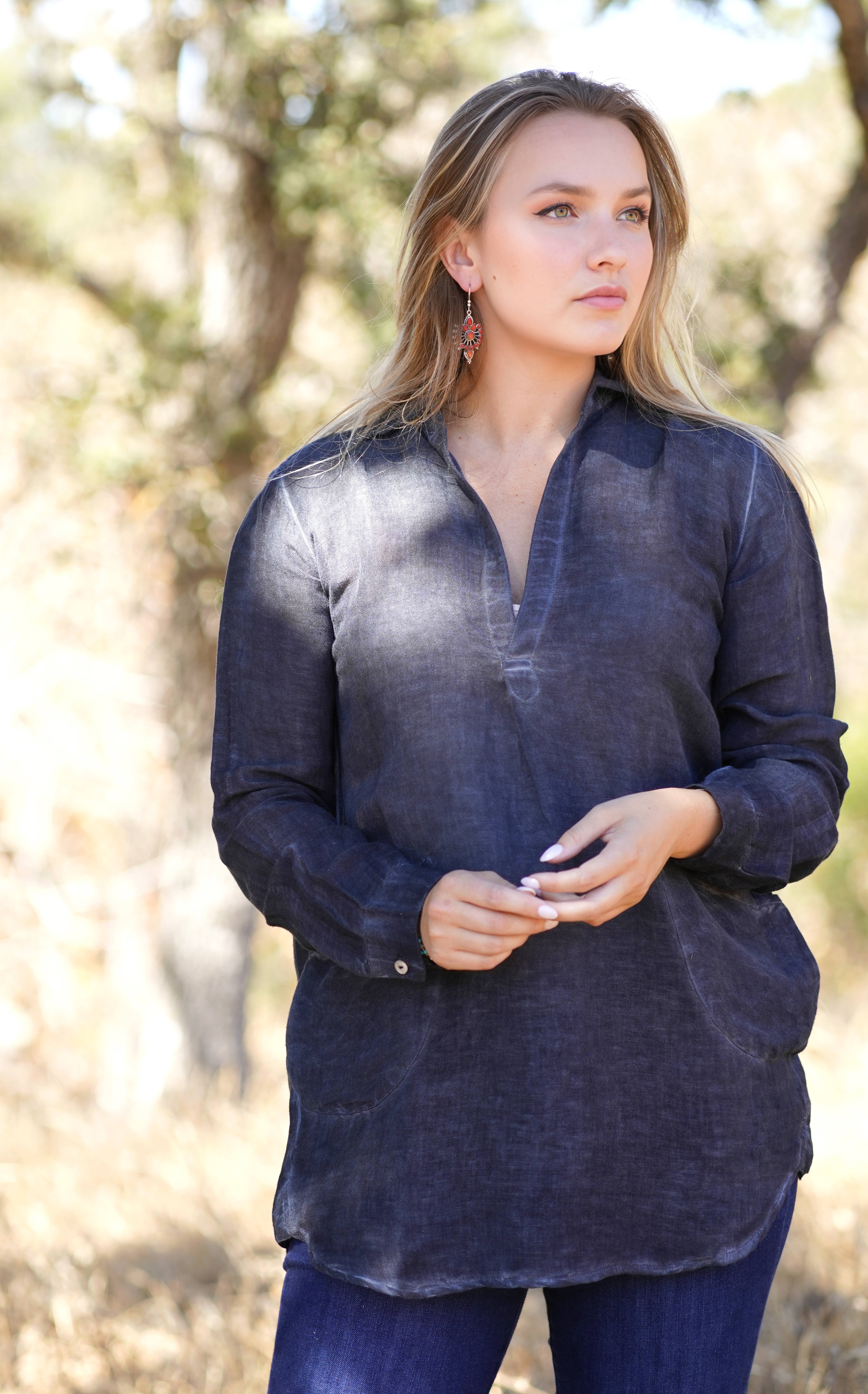 Anoushka Linen Top Navy for wholesale on Faire1