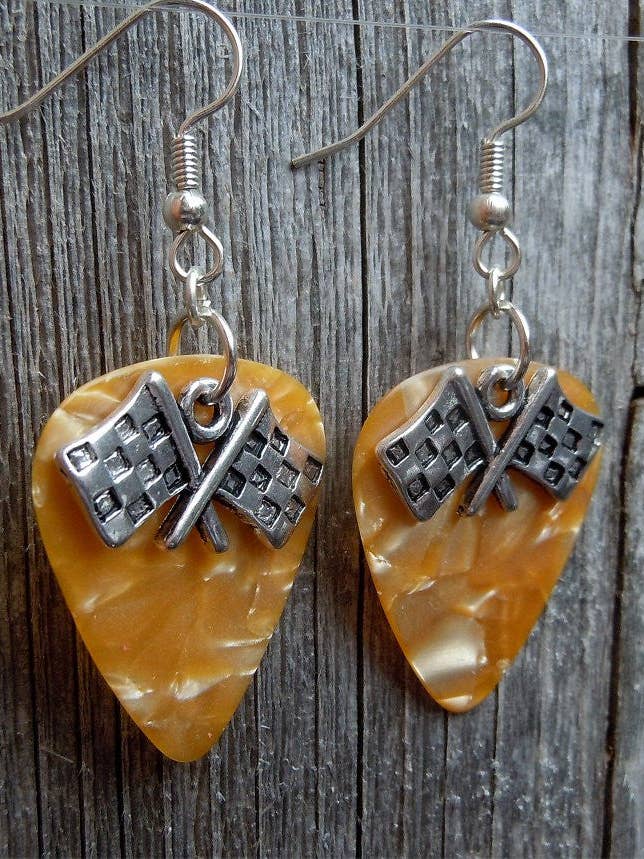 Checkered Flag Charm Guitar Pick Earrings for wholesale by Simply Raevyn