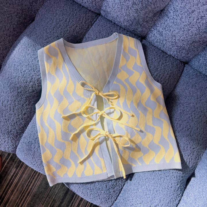 Sunbean - Wholesale Sweater Vest - Women's - Seaside Swirl Human Cotton Knitted Tunic Vest with Tie Front5