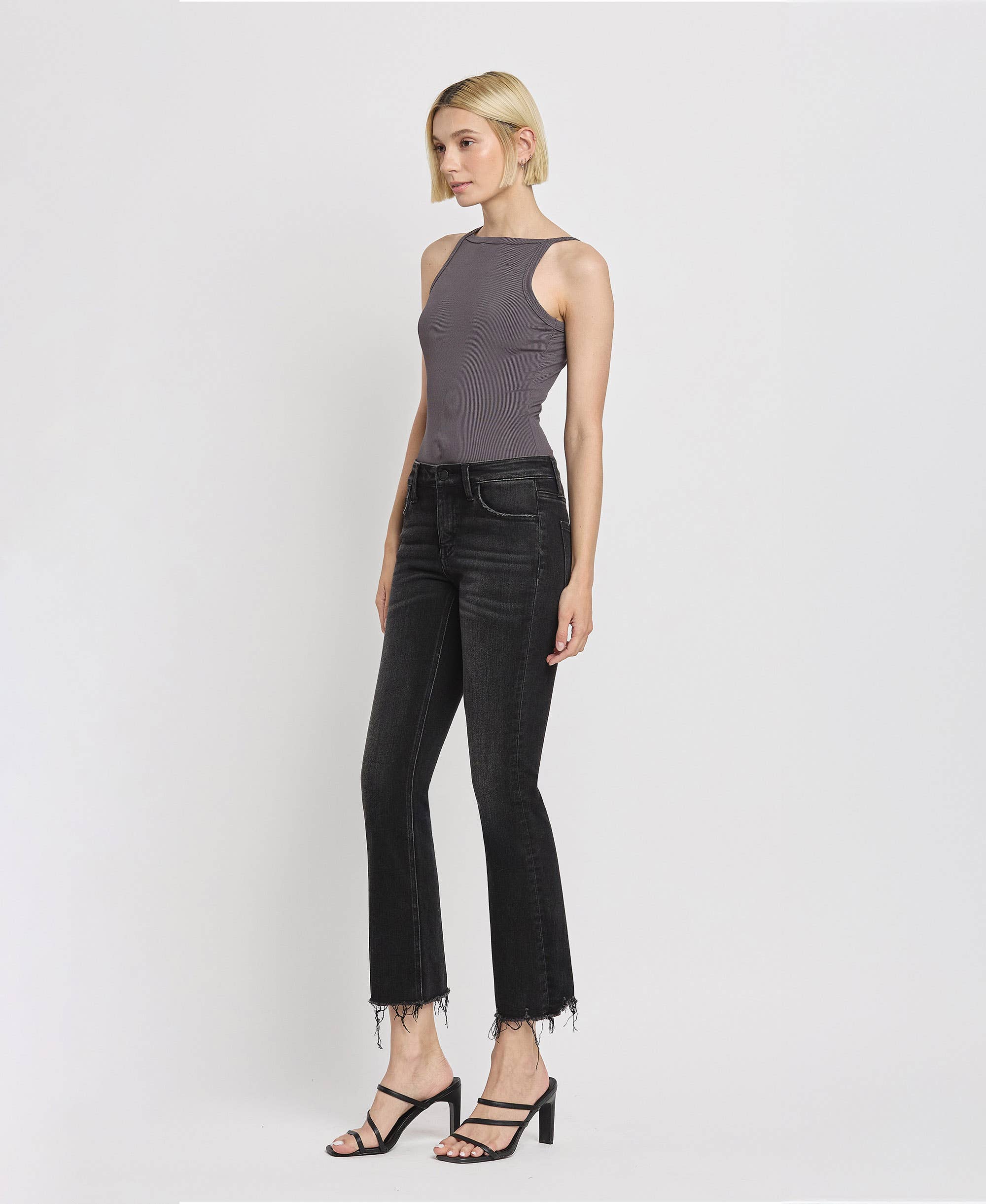 REASONABLE MID RISE RAW DISTRESSED HEM CROP FLARE JEANS F5300 for wholesale on Faire5