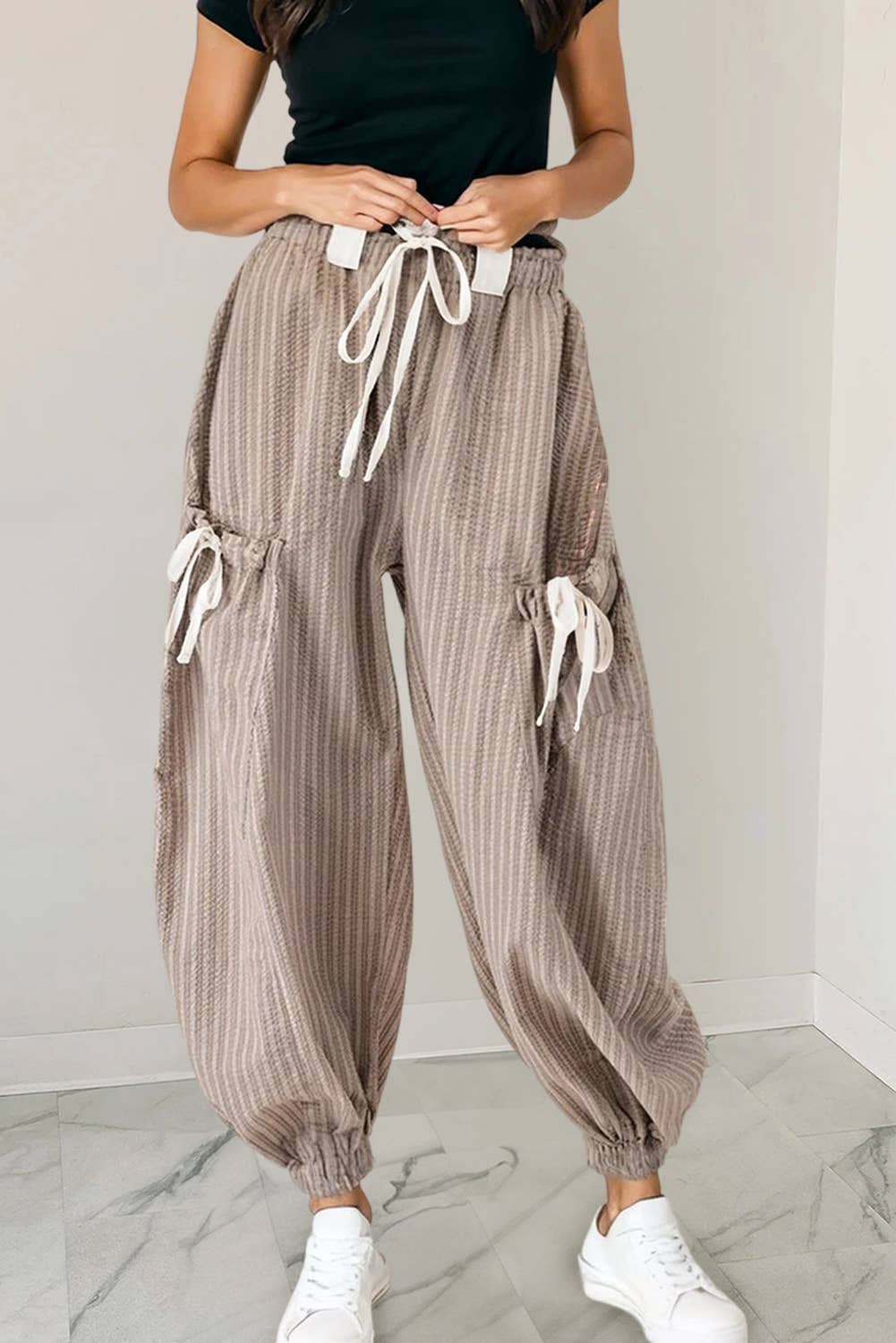 As shown Stripe Drawstring Pocket Lantern Pants | S-XL for wholesale on Faire0