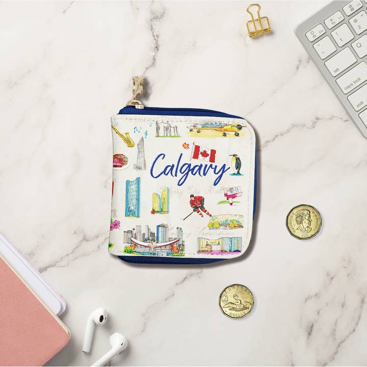 Portafoglio Piccolo con Zip Calgary Alberta – Organizzatore da Viaggio Illustrato di Città Canadesi per la vendita all'ingrosso da parte di Northern Icons Canada