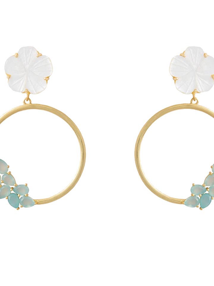 Mother of pearl and aquamarine Daisy Earrings for wholesale by Lavani Jewels
