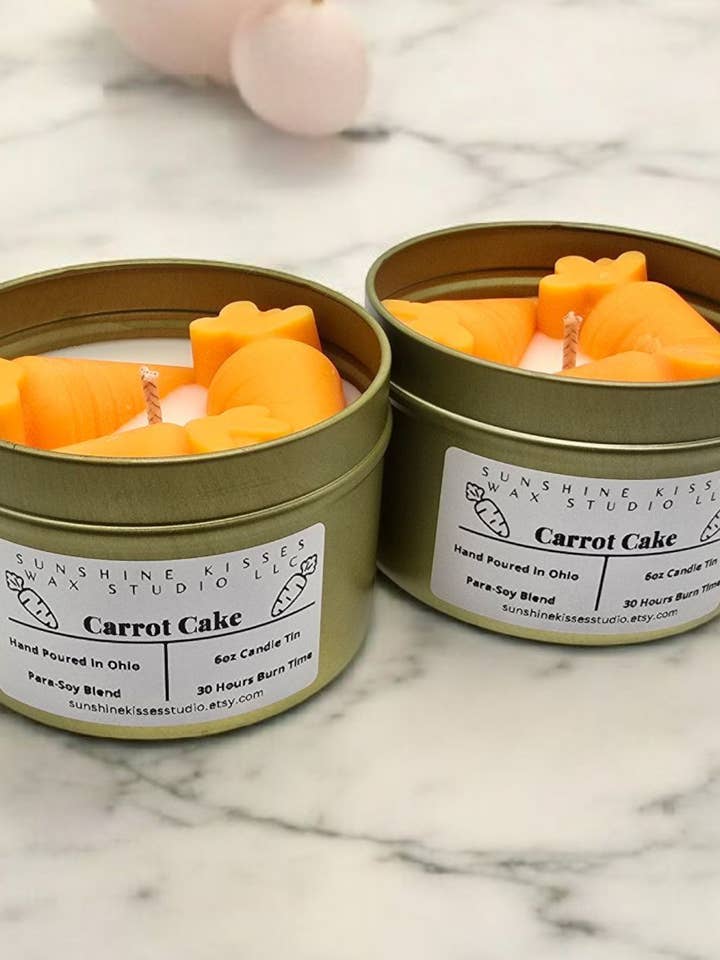 Carrot Cake 6oz Candle Tin for wholesale by Sunshine Kisses Wax Studio LLC