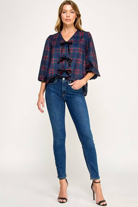 MintChoco - Wholesale Screen Printed T-Shirt - Women's - Plaid Holiday tie front blouse14