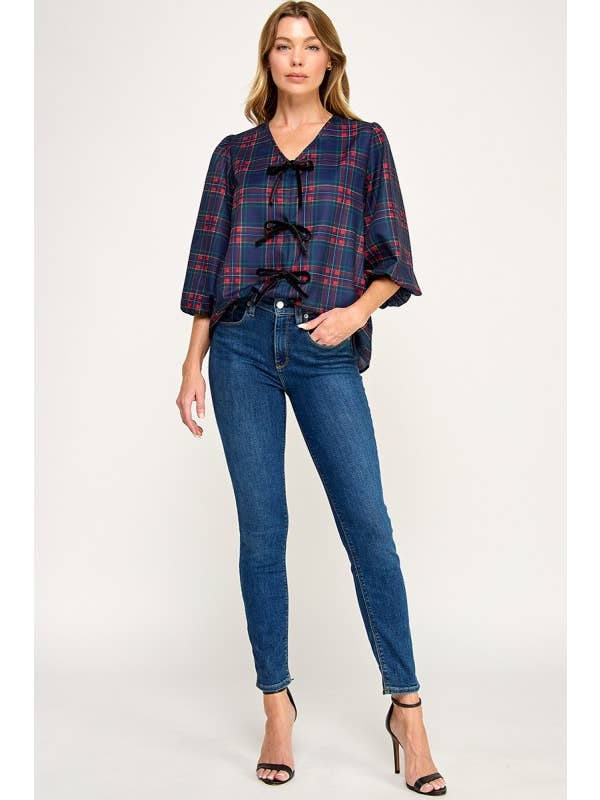 MintChoco - Wholesale Screen Printed T-Shirt - Women's - Plaid Holiday tie front blouse14