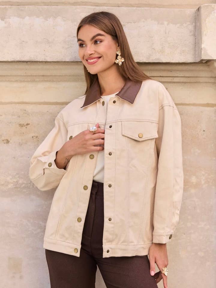 Frime - Wholesale Denim Jacket - Women's - Denim jacket with leather collar - 56742