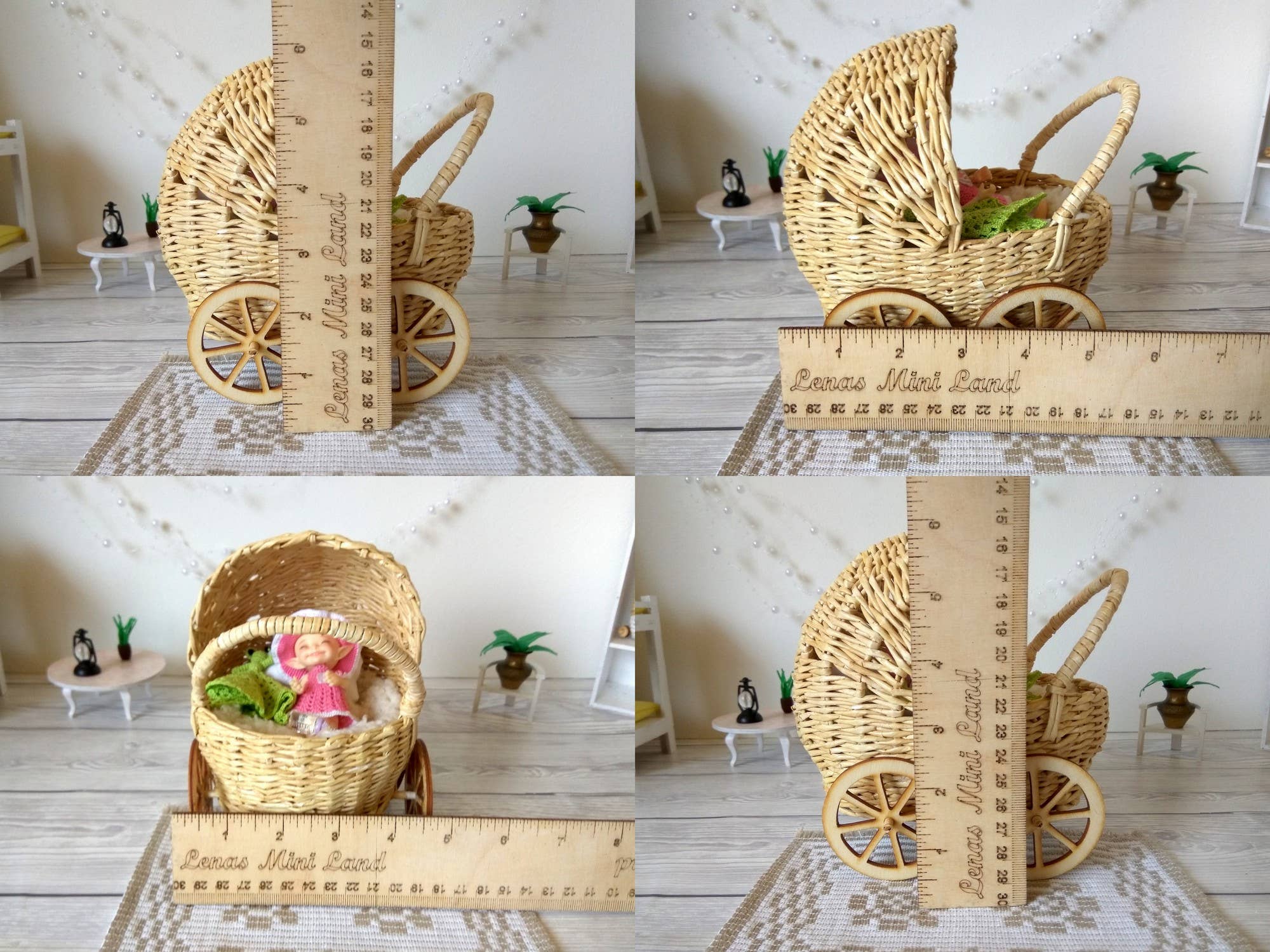 Lenasminiland - Wholesale Doll Accessory Kit - Kids - Miniature baby carriage, rattan look wicker doll stroller wi9