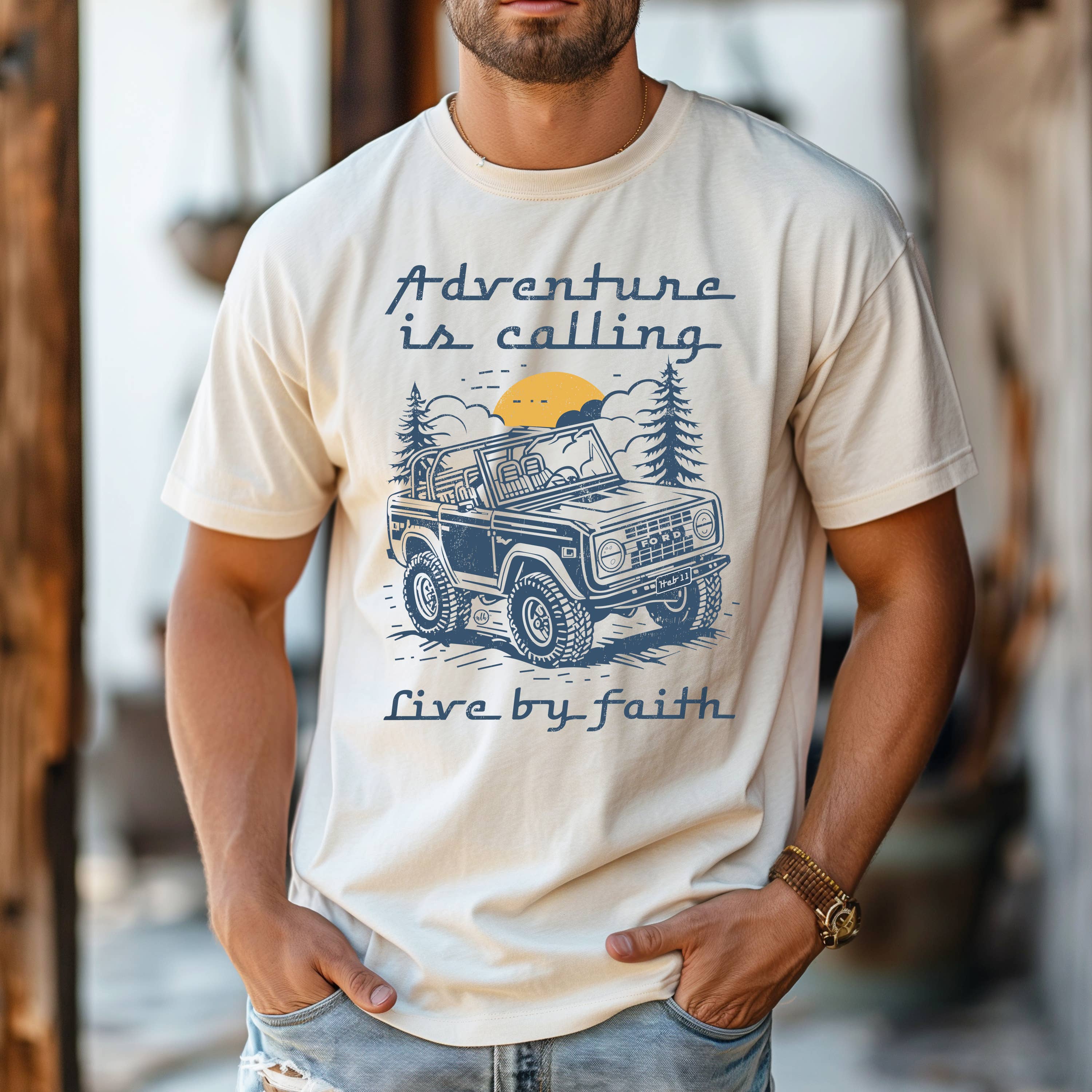 Never Lose Hope Designs - Vendita all'ingrosso Felpa stampata - Unisex - Bronco Adventure sta chiamando Maglietta Vivi con Fede1