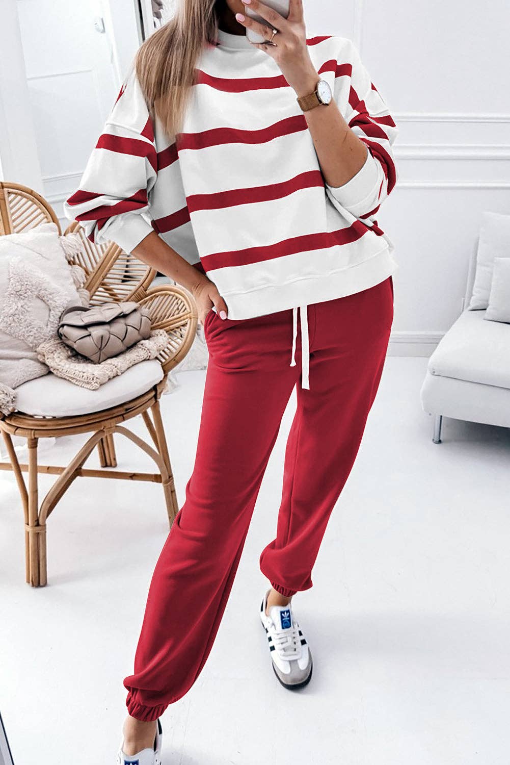 Lovesoft – wholesale Lounge set – Women's – Stripe Drop Shoulder Pullover and Jogger Pants Set13