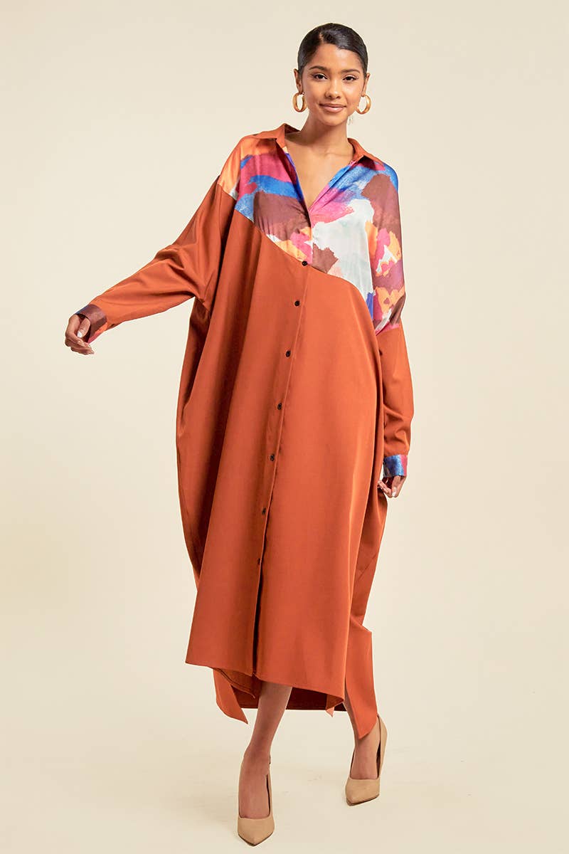 QMP Moda – wholesale Dress – Women's – PLUS - PATTERN BLOCKED SHIRT DRESS WITH POCKETS0