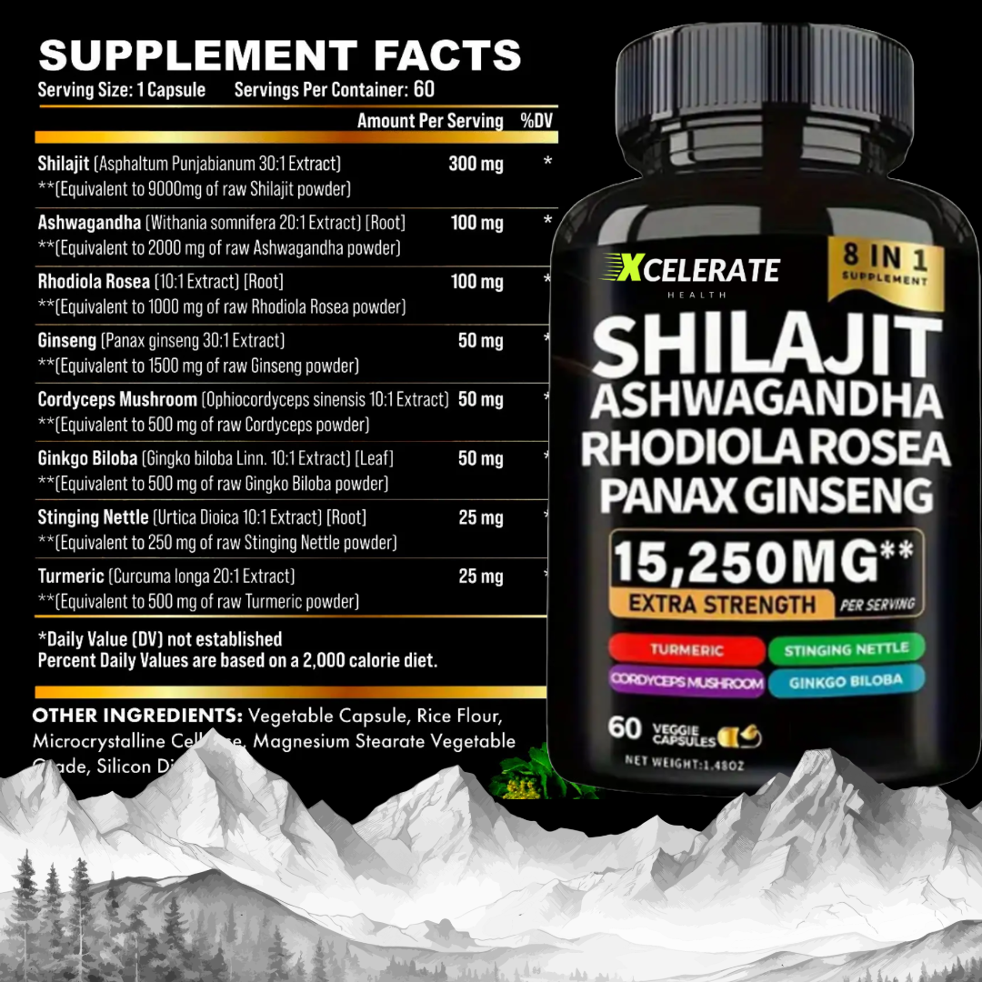 Xcelerate Health – Großhandel Nahrungsergänzungsmittel/Vitamin zum Einnehmen – Xcelerate Health Shilajit & Ashwagandha Mischung 8 in 1 Ergänzung Extra Stärke Gesundheitswesen Fitness Natürlich1