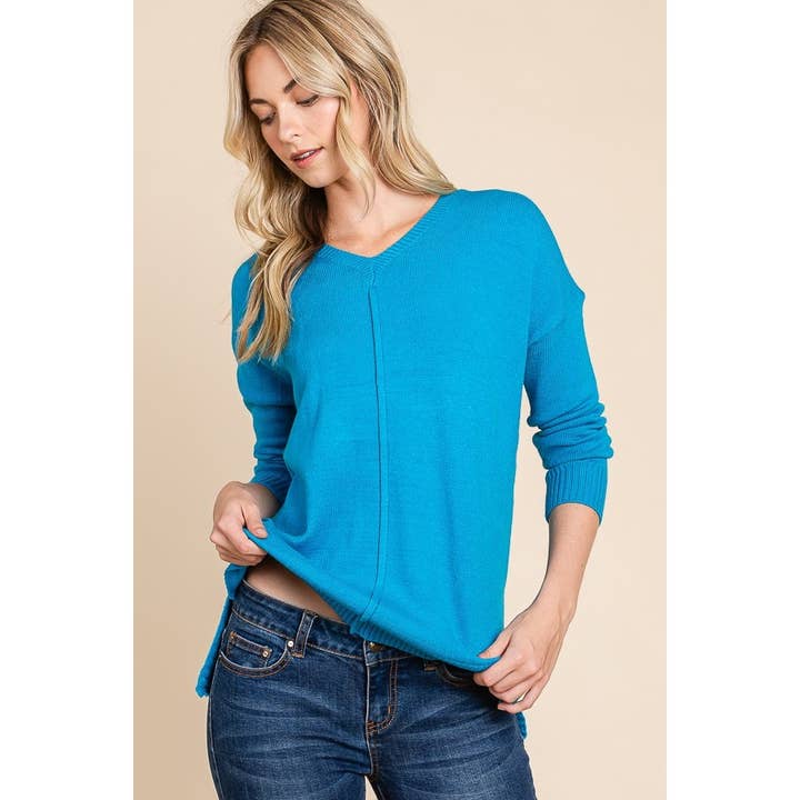 Raw Edge Drop Shoulder Ribbed Back V-Neck Sweater for wholesale by LIME N CHILI