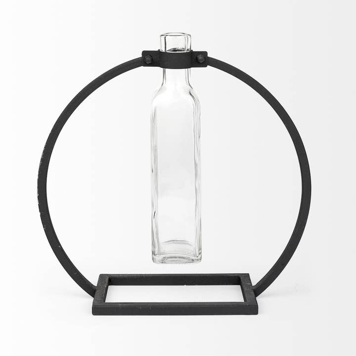 HomeRoots – wholesale Vase – Modern Industrial Black Rectangle Metal and Glass Vase