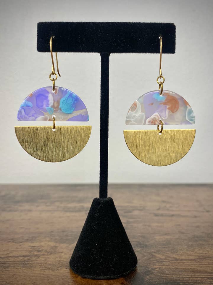Purple/Blue Tie-Dye Resin & Textured Brass Earrings for wholesale by MacKenzie Rose Designs