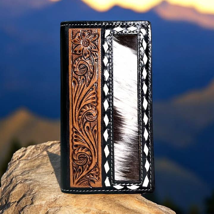 Kentucky tooled leather & cowhide men’s wallet for wholesale by Western Linens