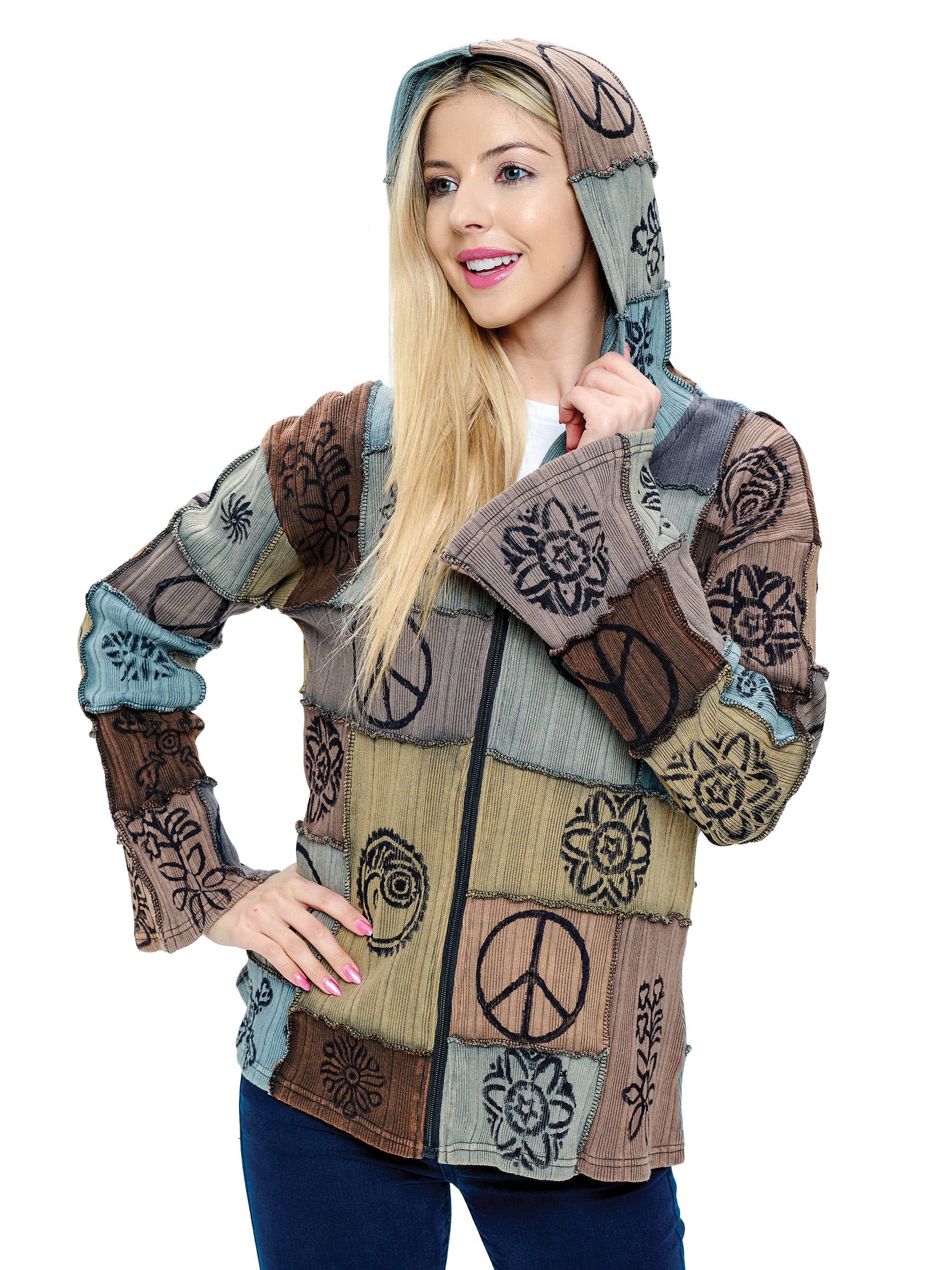 Gray Hooded Jacket Hippie Patchwork Hand Printed for wholesale on Faire1