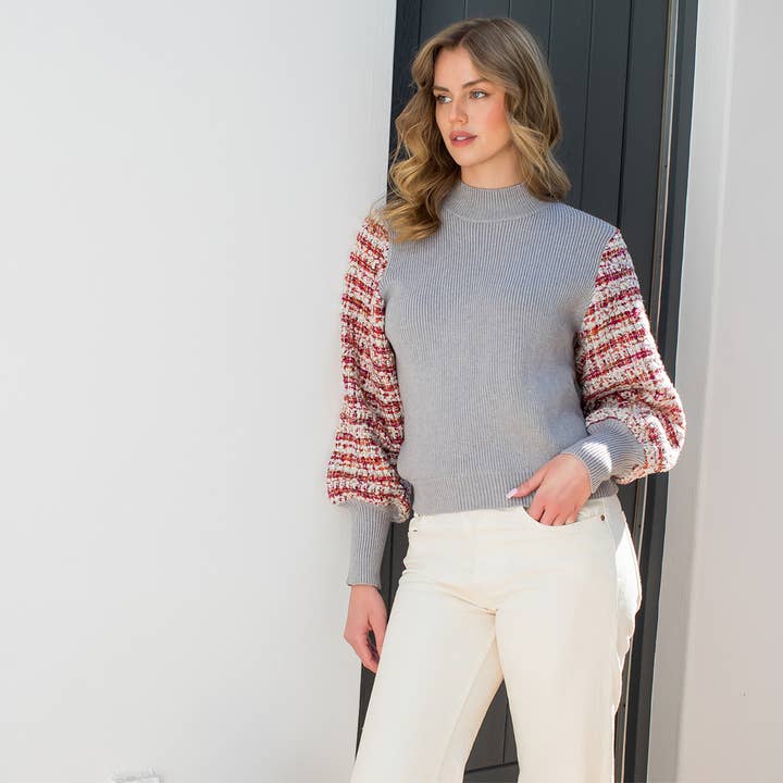 GRAY Mixed Media Knit Sweater for wholesale on Faire2