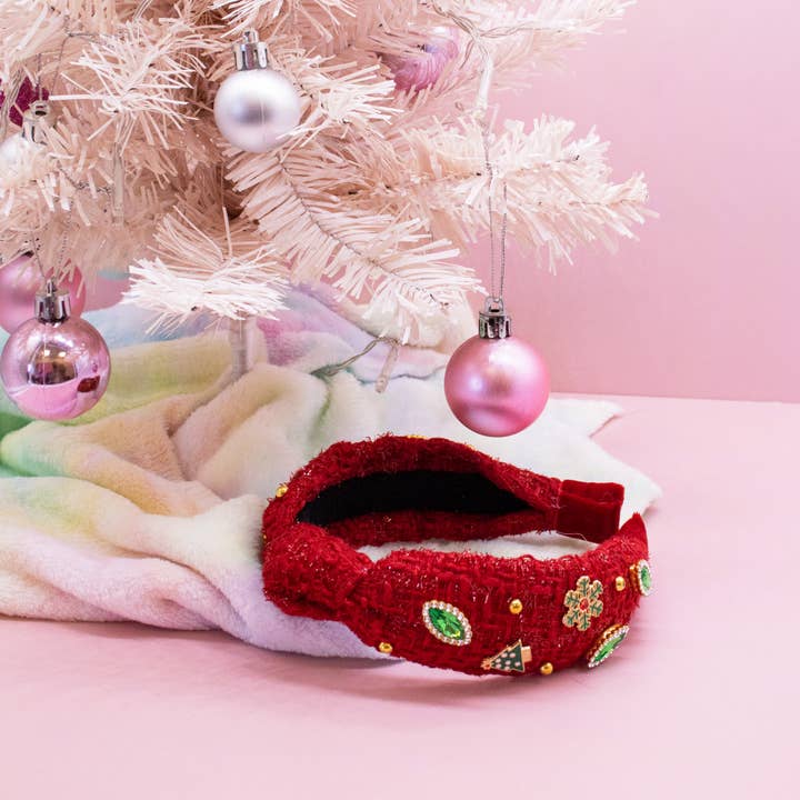 Frog Sac - Wholesale Fashion Headband - Kids - Embellished Christmas Knot Headband - Tweed Rhinestone Pearl