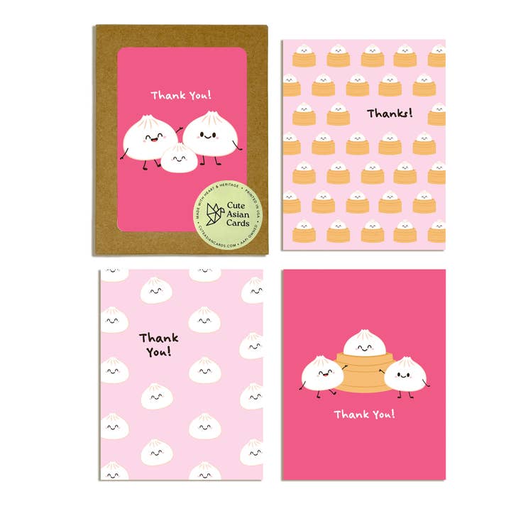 Pink Dumpling | 8 Baby Shower Thank You Cards | Assorted Xiao Long Bao Pack for wholesale by Cute Asian Cards
