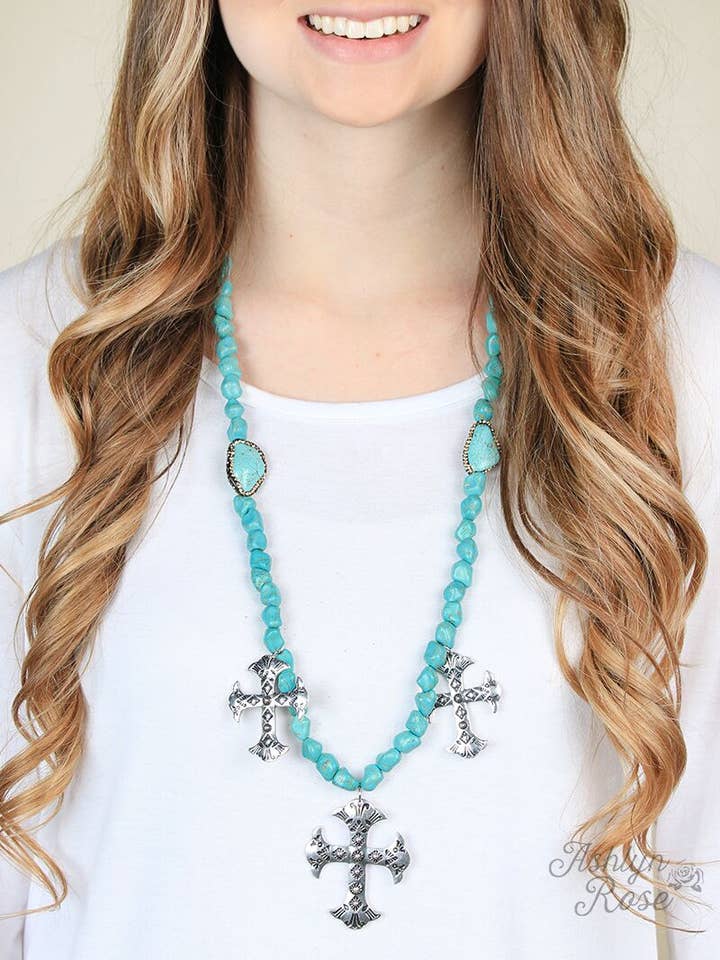 Three Crosses on Turquoise Stone Necklace with Gold Halo Accent for wholesale by GRACE+EMMA by Southern Grace