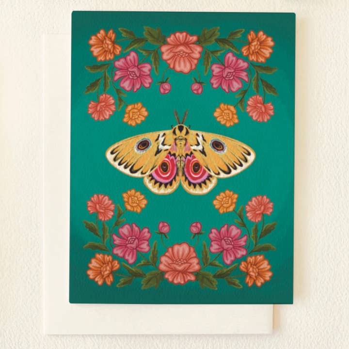 Yellow Moth Floral Greeting Card for wholesale by Folk Meadow