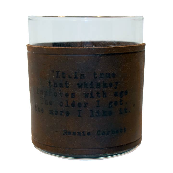 Ronnie Corbett Quote Rocks Glass with Leather Sleeve for wholesale by Layne Wilson