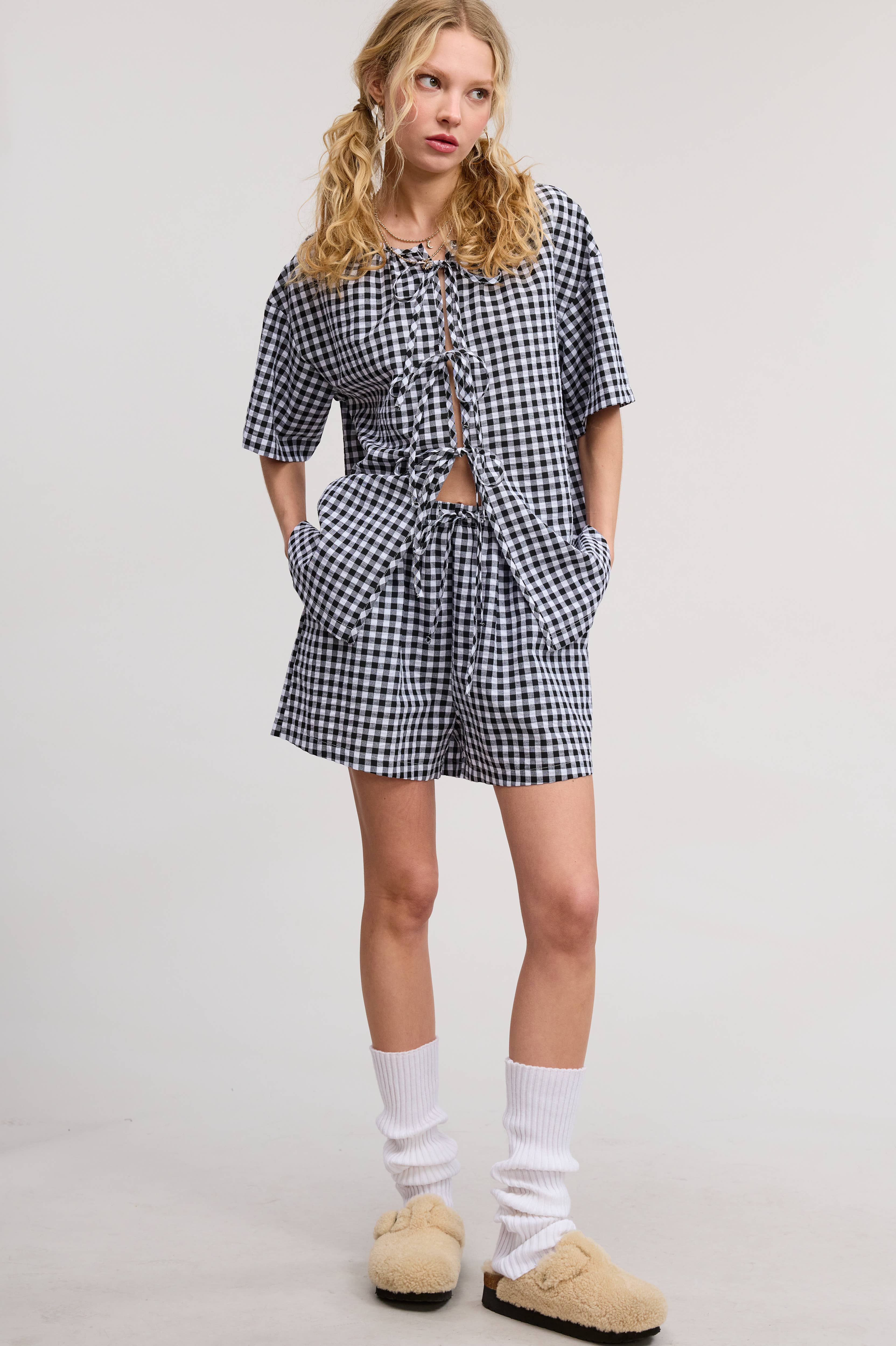 Mimosa - Wholesale Top & Short Set (NOT Loungewear) - Women's - Gingham Open Front Self Tie Top and Shorts Matching Set15