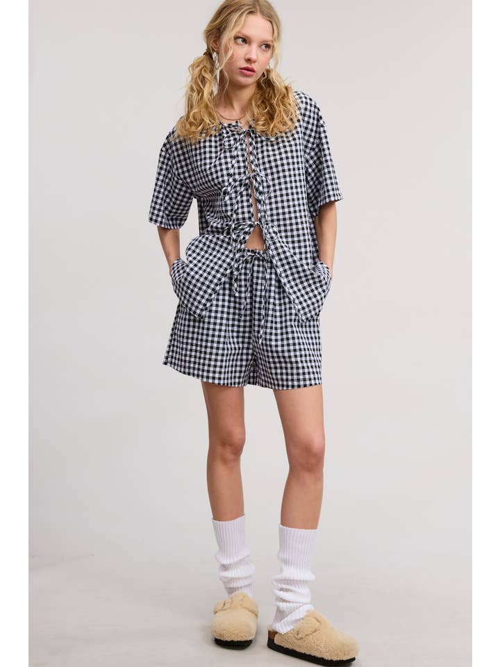 Mimosa - Wholesale Top & Short Set (NOT Loungewear) - Women's - Gingham Open Front Self Tie Top and Shorts Matching Set15