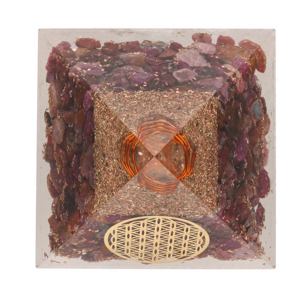 Vives de la Cortada S.L - Wholesale Spiritual Stone/Crystal - Ruby Orgonite Pyramid in Resin with Flower of Life 7x7cm1