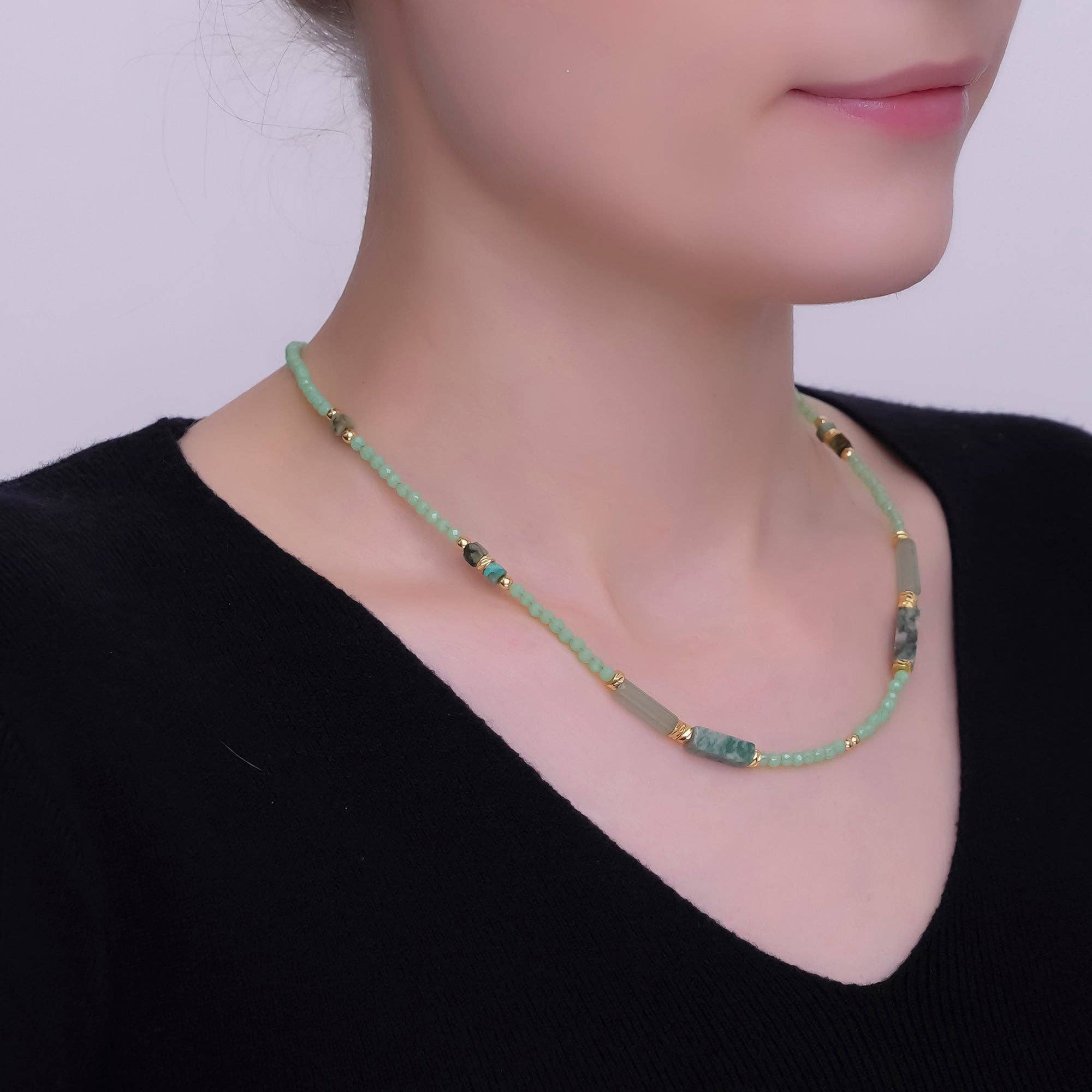 Aim Eternal - Wholesale Beaded/Pearl Necklace - 24K Gold Filled Green Malachite Gemstone Bead 17 Inch Necklace | WA-29663