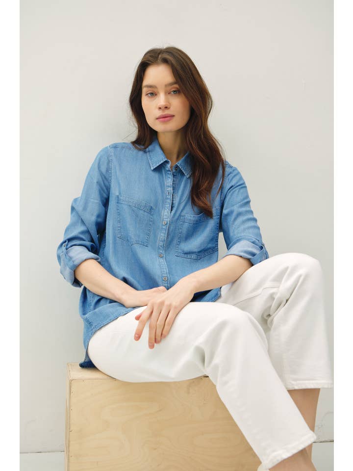 Be Cool - Wholesale Button Down Shirt - Women's - DENIM LOOK LONGSLEEVE TENCEL SHIRT